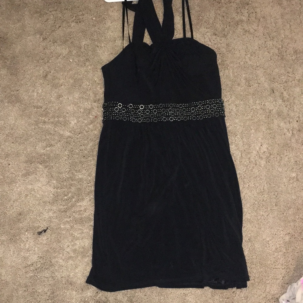 Black halter dress with beads on the waist